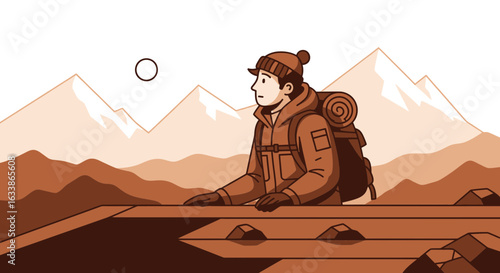 Adventurer Explores Mountainous Landscape Wearing A Warm Winter Outfit With Backpack
