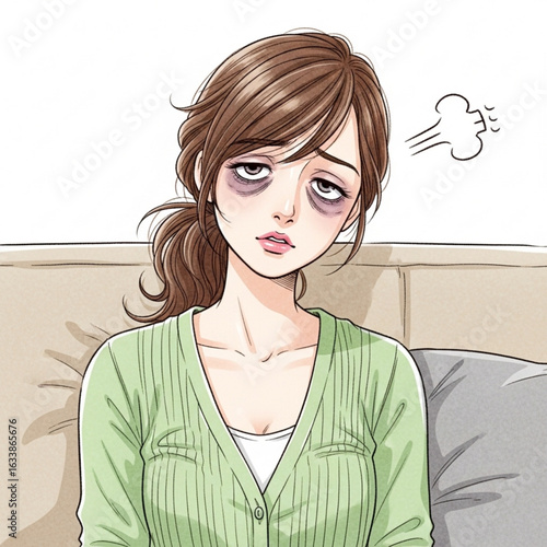 Vector art of exhausted woman with dark circles under her eyes is resting on the couch