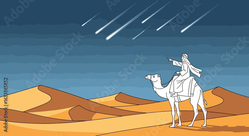 Adventurer Observing Celestial Event Riding a Camel in a Desert Landscape