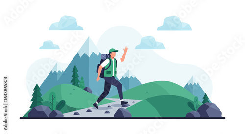 Adventurer On A Hilltop Trekking Through Nature With Backpack During Daytime