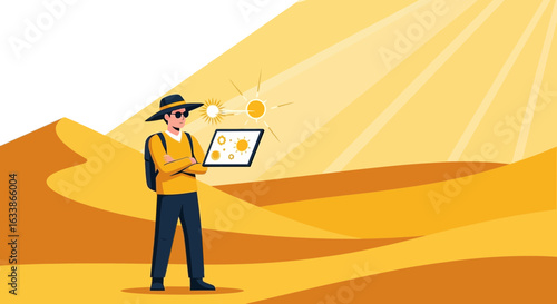 Adventurer With Tablet Navigating Through Arid Desert Sands With Golden Sunshine