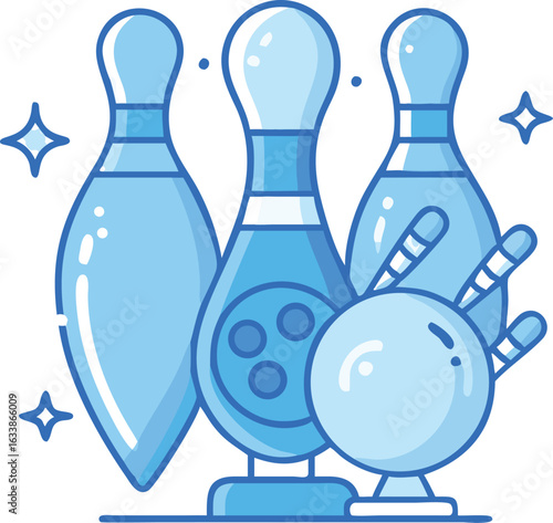 Stylized bowling ball and pins in light blue stand together with shining star decorations
