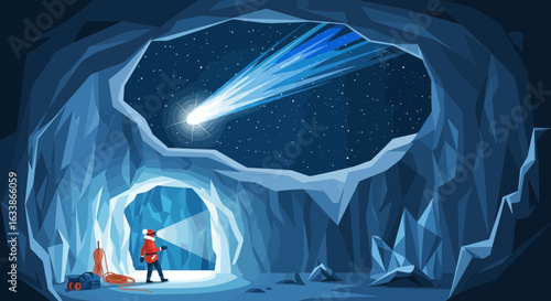 Adventures In An Ice Cave Under A Shooting Star Bright Cosmic Phenomenon