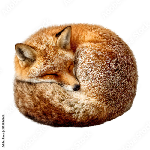 A fluffy red fox curled up asleep in a peaceful ball on a transparent background isolated on transparent background