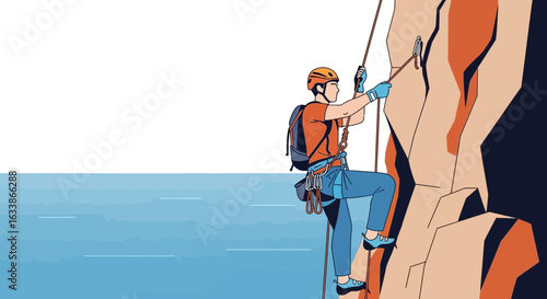 Adventurous Climber Ascending Cliff With Safety Rope Beside the Ocean
