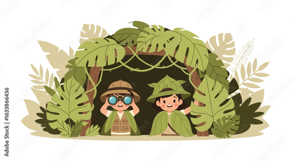Naklejka premium Adventurous Kids On Expedition Exploring Tropical Jungle With Binoculars