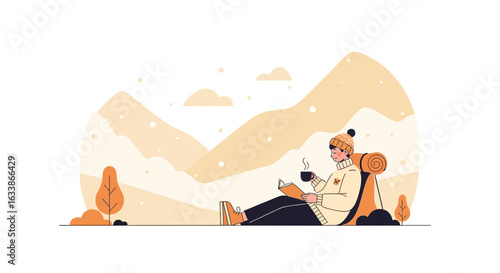 Adventurous Man Enjoying Winter Scenery With Book And Hot Beverage In Mountains