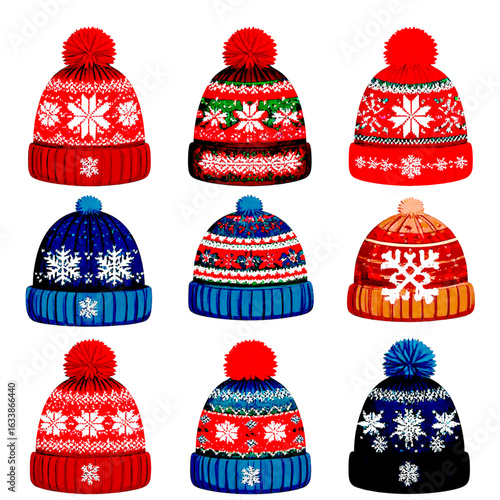 Knitted hat, clothes on the theme of Christmas and new year. Vector illustration. Seasonal warm woolen hat decorated with a pompom, insulated on a white background