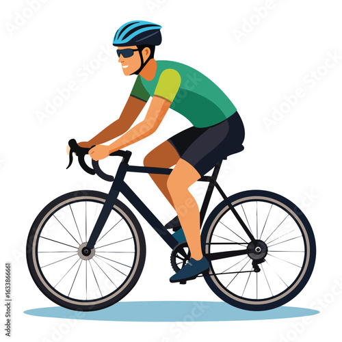 Smiling cyclist in profile view, wearing a helmet and sunglasses, riding a road bike.