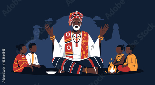 African Storyteller Telling Stories Around the Fire with Children