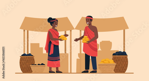 African Market Scene With Sellers Trading Goods Under Traditional Stalls