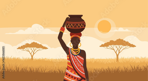 African Woman Carrying Water Pot Through Savannah Landscape On A Sunny Day
