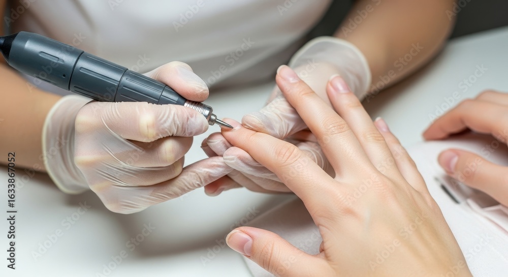 Fototapeta premium Manicurist in gloves using an electric file for a hardware manicure in a beauty salon