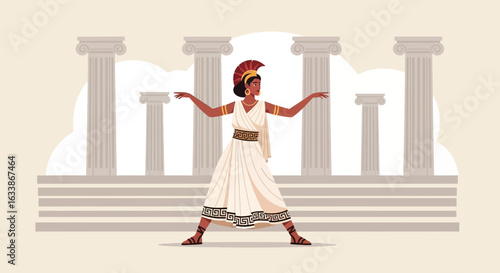 Ancient Greek Warrior Woman Posing In Front Of Classic Columns Illustration