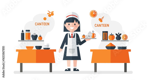 Animated Canteen Scene Featuring Server With Tray And Food On Display