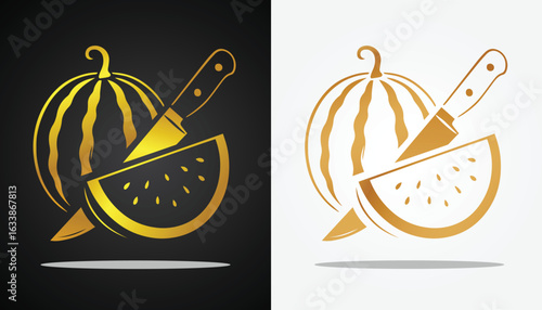 vector image logo of a watermelon cut with a knife in beautiful and beautiful gold color on a black and white background for design purposes