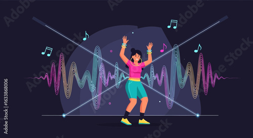 Animated Woman Dancing With Energetic Waveforms And Laser Beams On Nightclub Backdrop