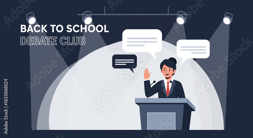 Animated Young Woman Speaker Presenting at Podium During Debate Club Event