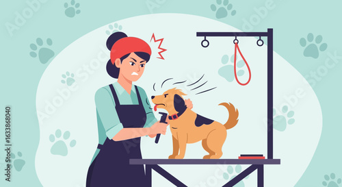 Annoyed Groomer Dealing With A Grumpy Dog At The Pet Salon Station