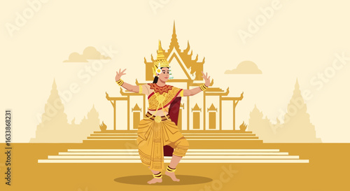 Apsara Dancer Performing Ancient Cambodian Dance Near a Golden Temple