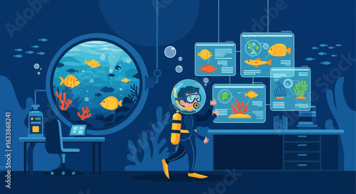 Aquatic Research Underwater World Biologist Studying Sea Life in a Simulated Environment