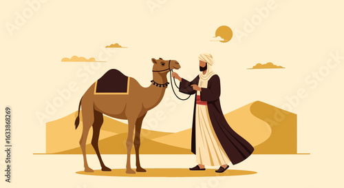 Arabian Man And Camel In The Desert Under The Sun In Flat Illustration