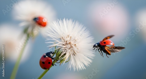 Soft Dreamy Macro Photograph of White Dandelion Flower with Two Vibrant Red Ladybugs Against Pastel Bokeh Background