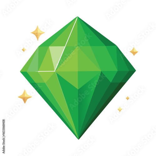 A green emerald gemstone, a precious jewel representing luxury, beauty, and wealth on a clean white background.