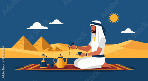 Arabian Traditional Tea Ceremony In Desert Near Pyramids Under The Sun
