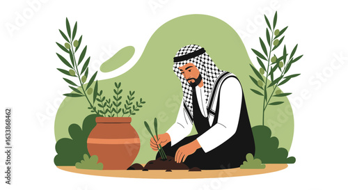 Arable Man Tending Earthly Garden With Traditional Headdress And Thriving Flora