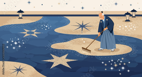 Artistic Japanese Man Maintaining Starry Garden For Harmony And Serenity