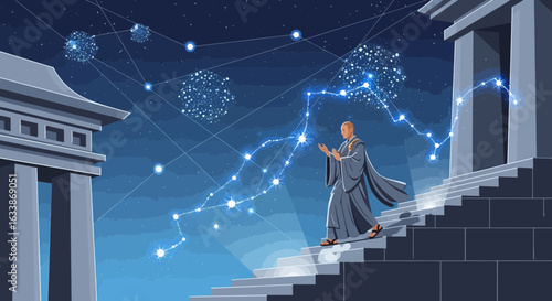 Ascension To Enlightenment Monk Climbing Stars Towards Spiritual Growth Diagram