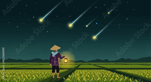 Asian Farmer Watches a Shower of Shooting Stars Over Rice Paddy At Night