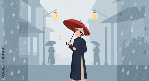 Asian Man Walking In The Rain With Umbrella Through City Streets
