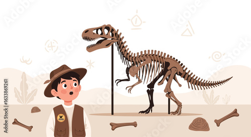 Astonished Boy Discovering Ancient Tyrannosaurus Rex Skeleton at Museum