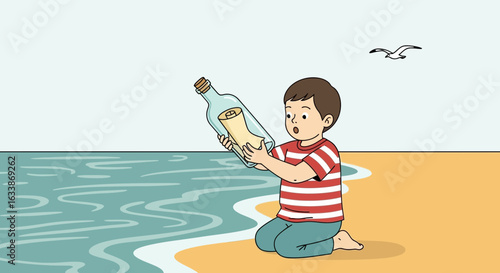 Astonished Boy Finds a Message in a Bottle on The Shoreline Near The Sea