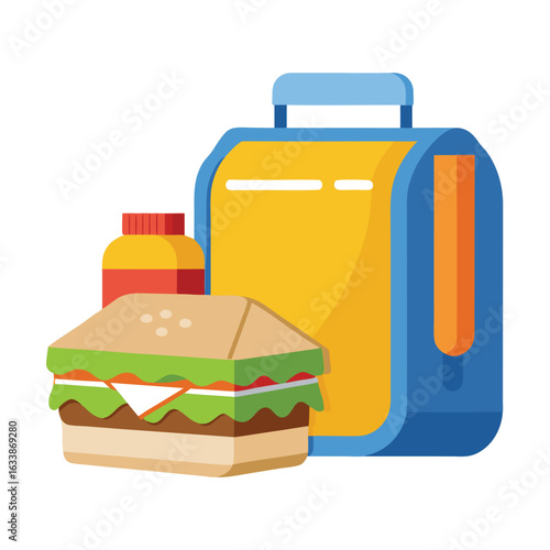 A lunchbox with a healthy sandwich and a juice pack, representing a balanced meal and a typical school lunch.
