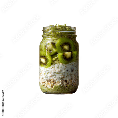 Layered Kiwi and Matcha Overnight Oats in a Mason Jar