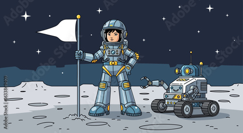 Astronaut And Robot Teamwork On Lunar Surface Mission Concept Illustration