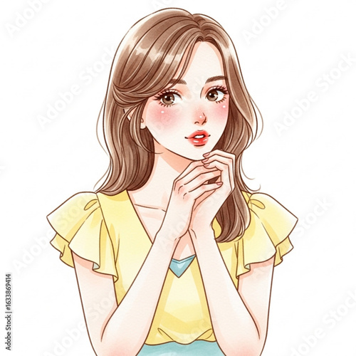 Vector art of beautiful cartoon woman portrait with long brown hair isolated on white background