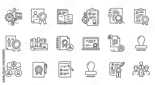 Certification and document line icon set. Vector symbols for compliance, diploma, quality standards, and official verification.