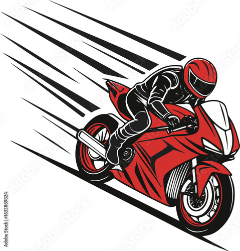 Illustration of a sports motorcycle. Motorcycle racer. Motorcyclist. Riding a motorcycle.