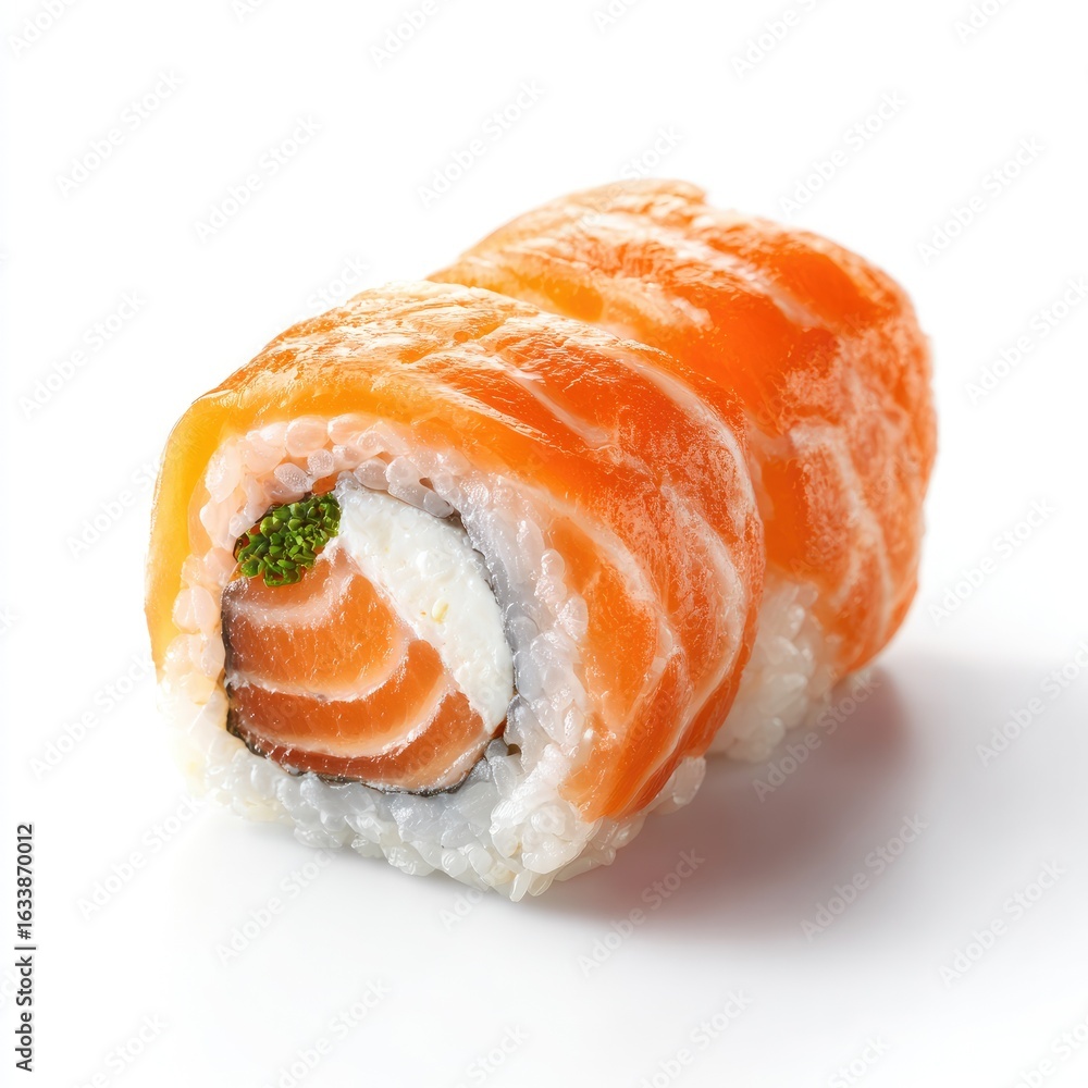 Fresh salmon sushi roll on white background (1) Fresh salmon sushi roll on white background (1)