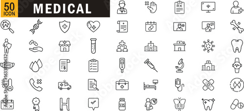Medical editable outline icon set. Healthcare, hospital, doctor, treatment, pharmacy, diagnosis and more.
