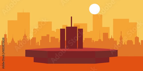 city skyline podium floating golden hour modern scene