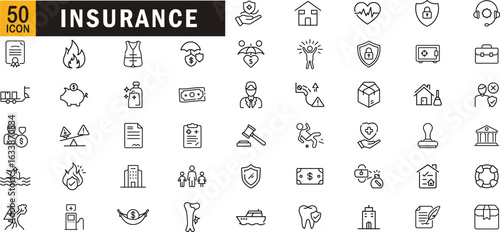 Insurance editable outline icon set. Health, life, accident, protection, coverage, safety and more.
