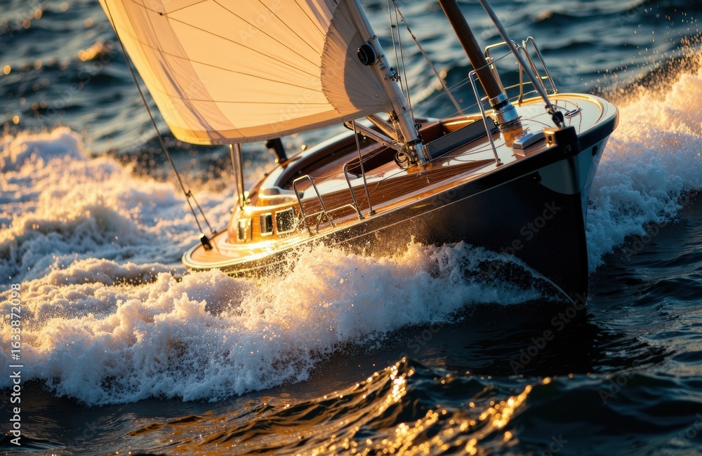 Obraz premium Sailboat speeding across the ocean during sunset with golden light reflecting on water