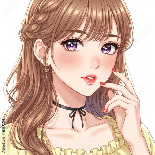 Vector art of cartoon portrait of a beautiful girl with brown hair and bangs isolated on white background