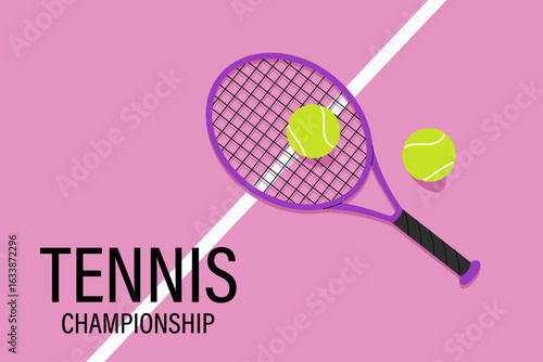 Tennis competition poster with rackets and ball on pink background. Sports background. For sports articles or sports equipment store