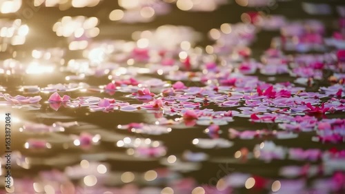 Pink flower petals floating on water with bokeh, sunlight, and nature.